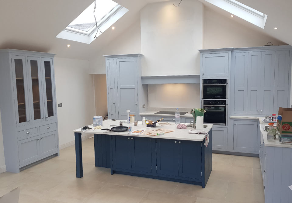 contrast island in blue luxury bespoke kitchen