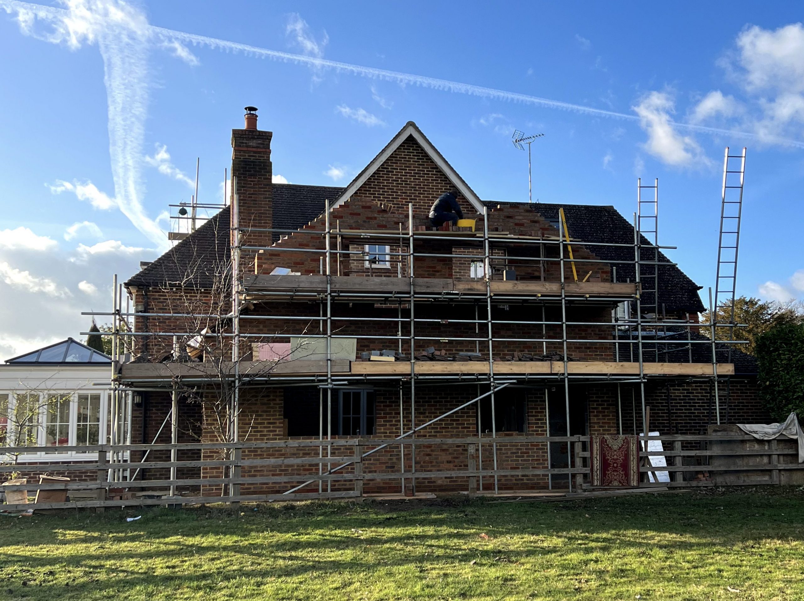 Home extension in progress with scaffolding Scaffolding up on new Top grade Build residential project