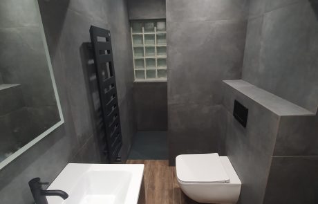sink and shower view of modern dark grey bathroom